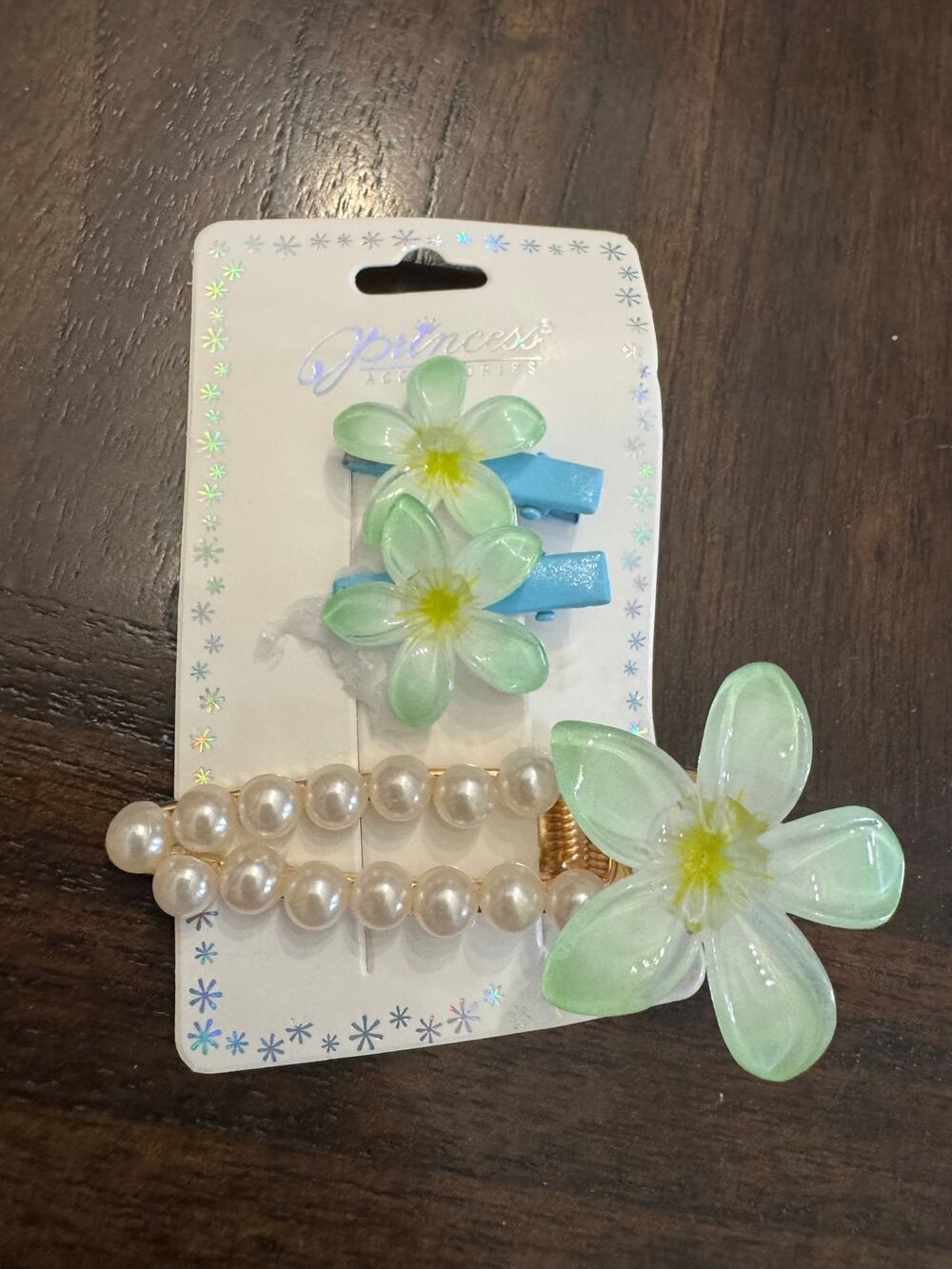 Large Green flower hair clips with pearl detail set of 3